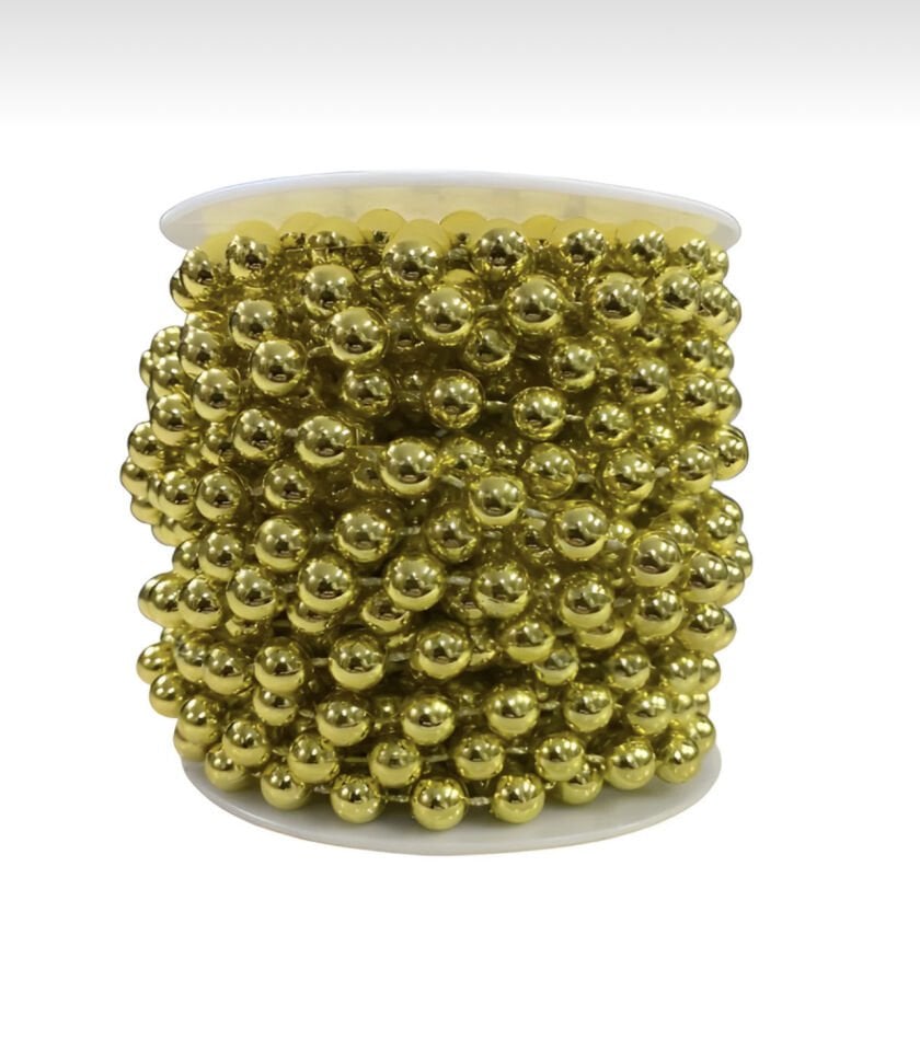 8 mm Tam Sıralı İnci Boncuk – 10 Metre Altın – Parlak Dekoratif Süsleme Şeridi
