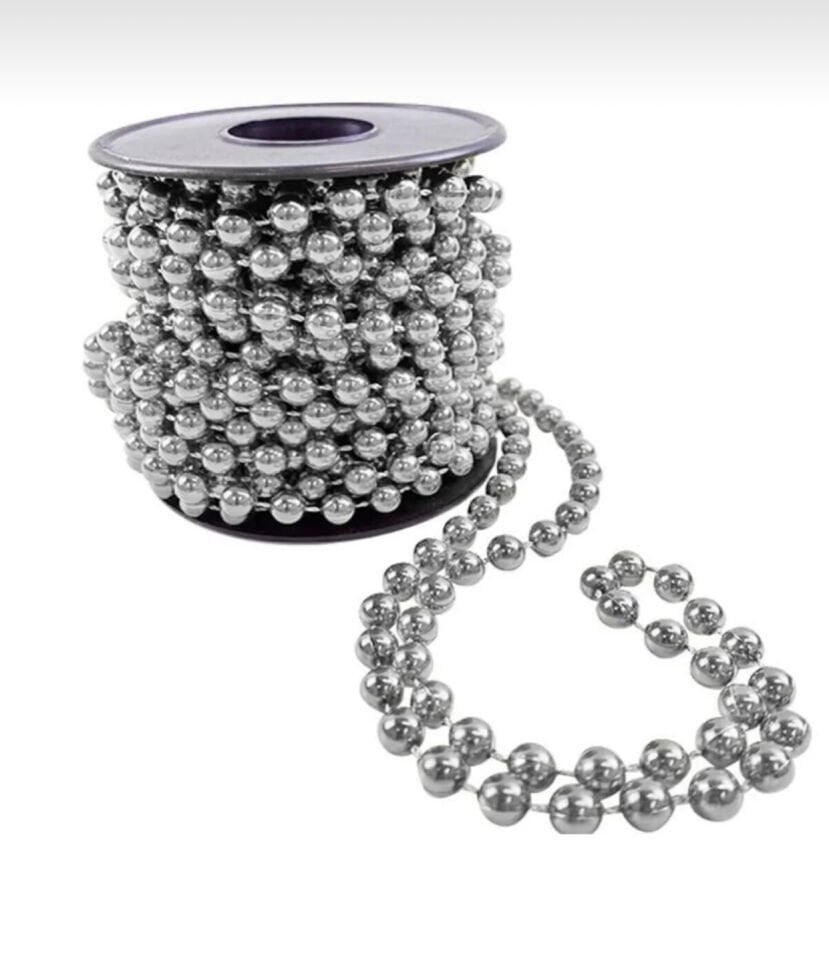 8 mm Tam Sıralı İnci Boncuk – 10 Metre Gümüş – Parlak ve Zarif Dekoratif Boncuk Şeridi