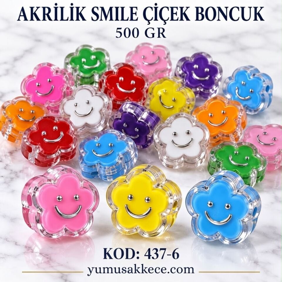 Akrilik Smile Çiçek Boncuk 500 gr - Karışık Renkli Gülen Yüz Çiçek Boncuk