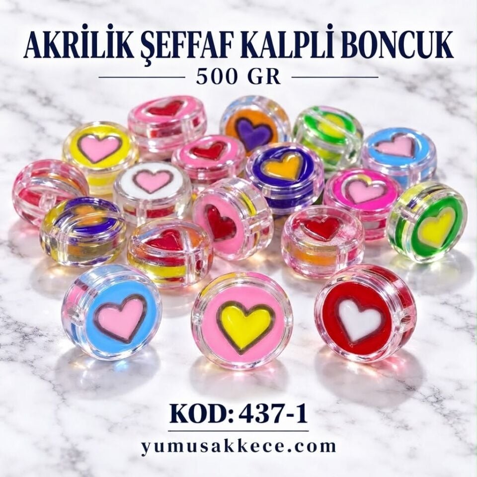 Akrilik Şeffaf Kalpli Boncuk 500 gr - Karışık Renkli Kalp Figürlü Boncuk