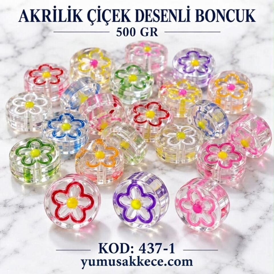 Akrilik Çiçek Desenli Boncuk 500 gr - Karışık Renkli Şeffaf Çiçek Motifli Boncuk