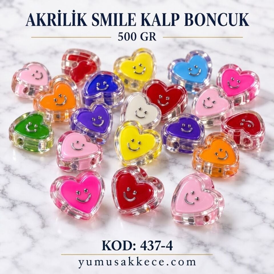 Akrilik Smile Kalp Boncuk 500 gr - Karışık Renkli Gülen Yüz Kalpli Boncuk