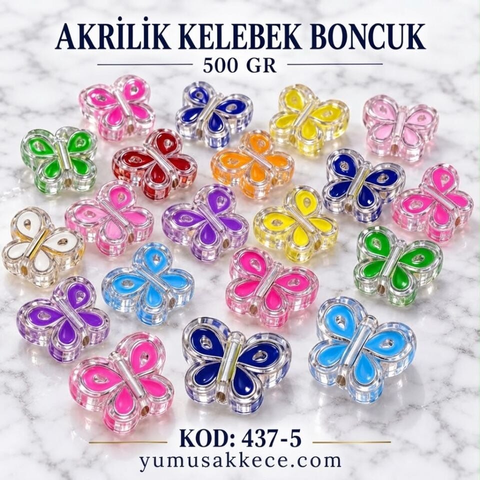 Akrilik Kelebek Boncuk 500 gr - Karışık Renkli Kelebek Figürlü Takı Boncuğu