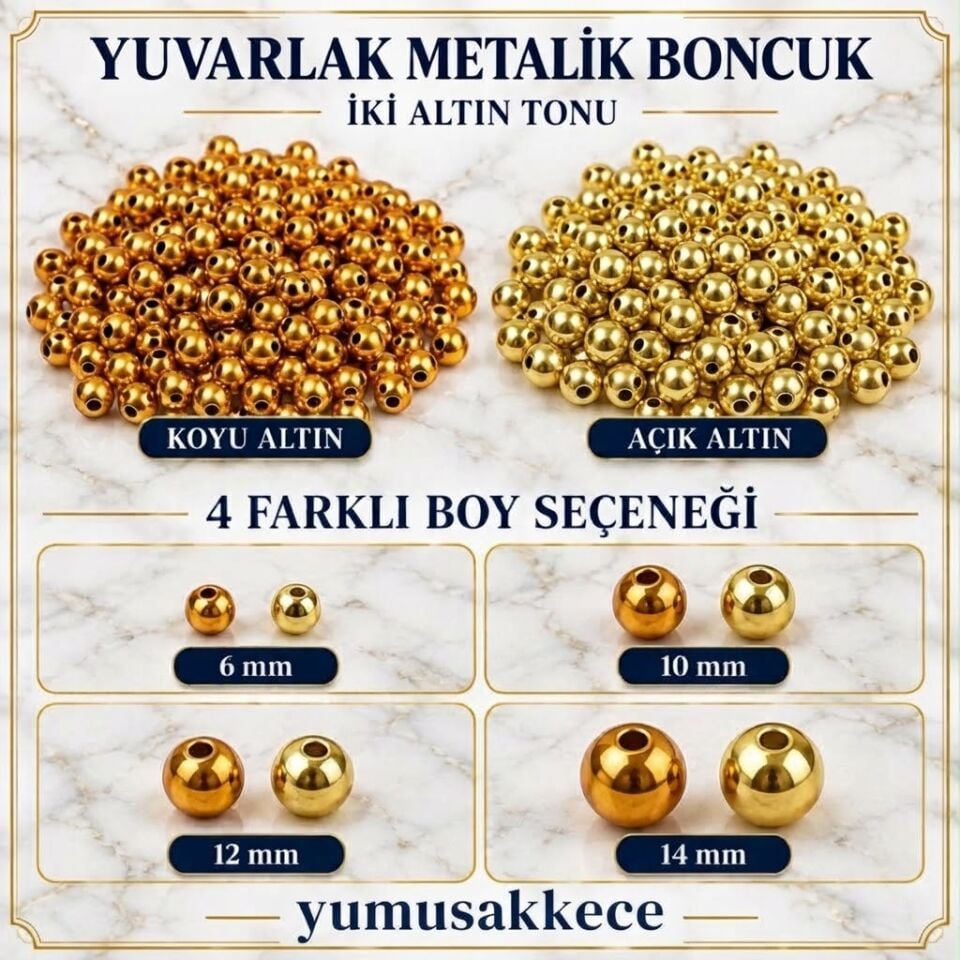 Yuvarlak Metalik Boncuk – Koyu & Açık Altın Tonları (6 mm, 10 mm, 12 mm, 14 mm)