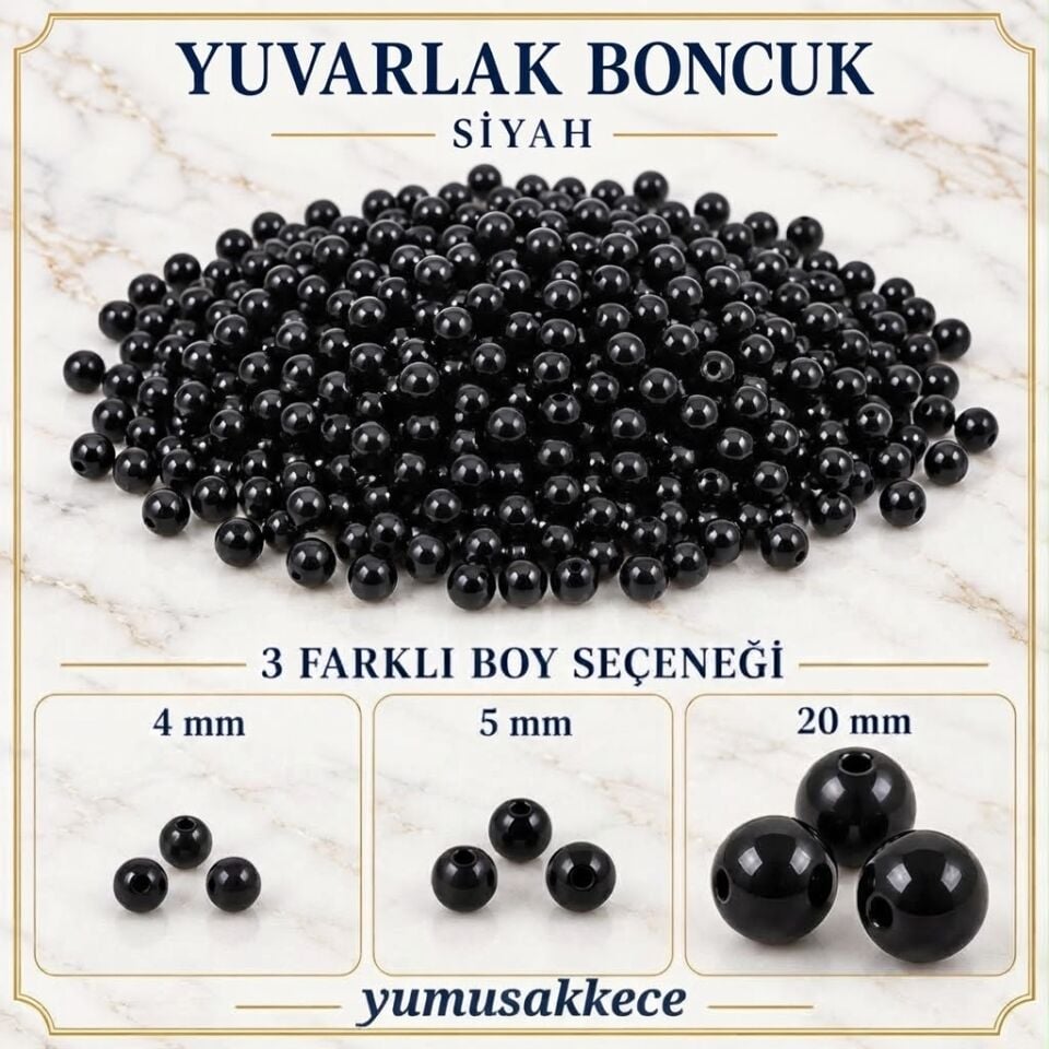 Yuvarlak Siyah Boncuk – Parlak Siyah (4 mm, 5 mm, 20 mm / 3 Boy Seçeneği)