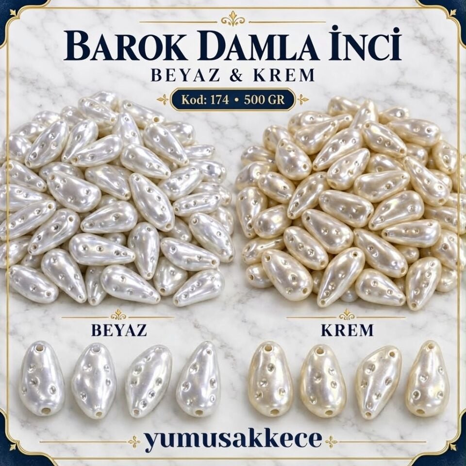 Barok Damla İnci Boncuk – Beyaz & Krem Renk (500 gr Paket)