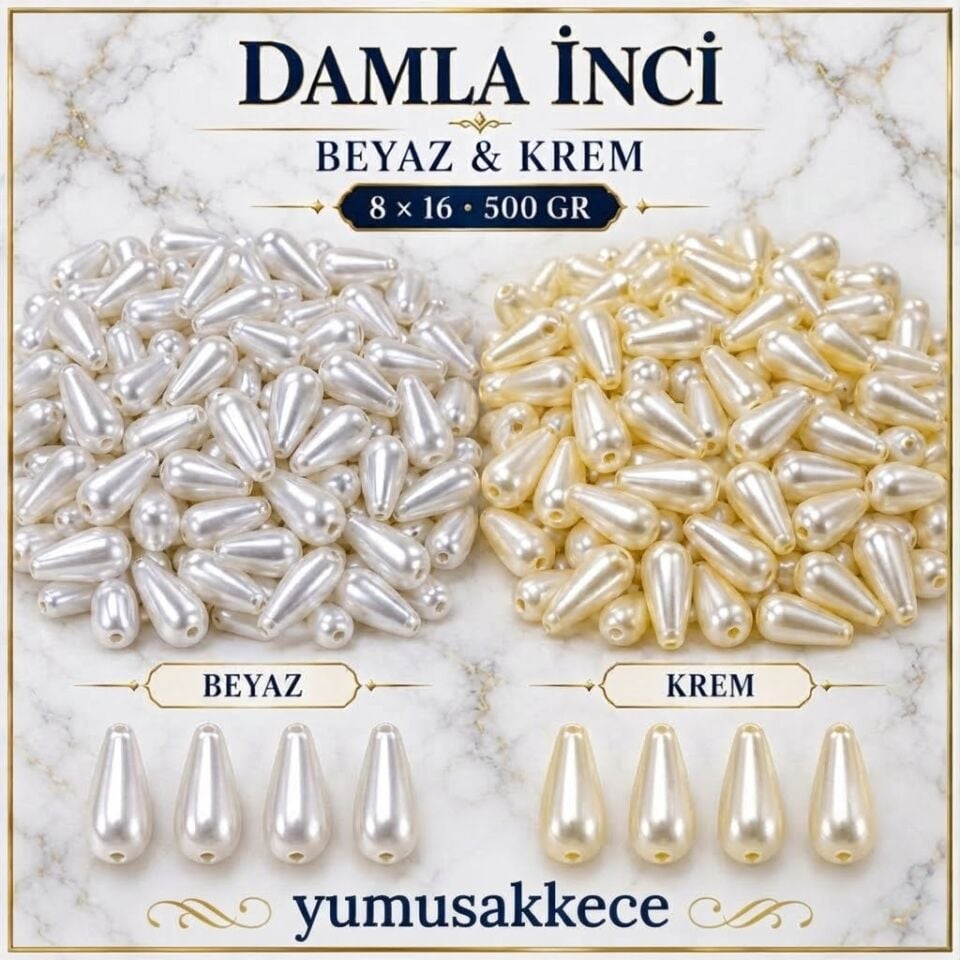 Damla İnci Boncuk – Beyaz & Krem Renk (8x16 mm / 500 gr Paket)