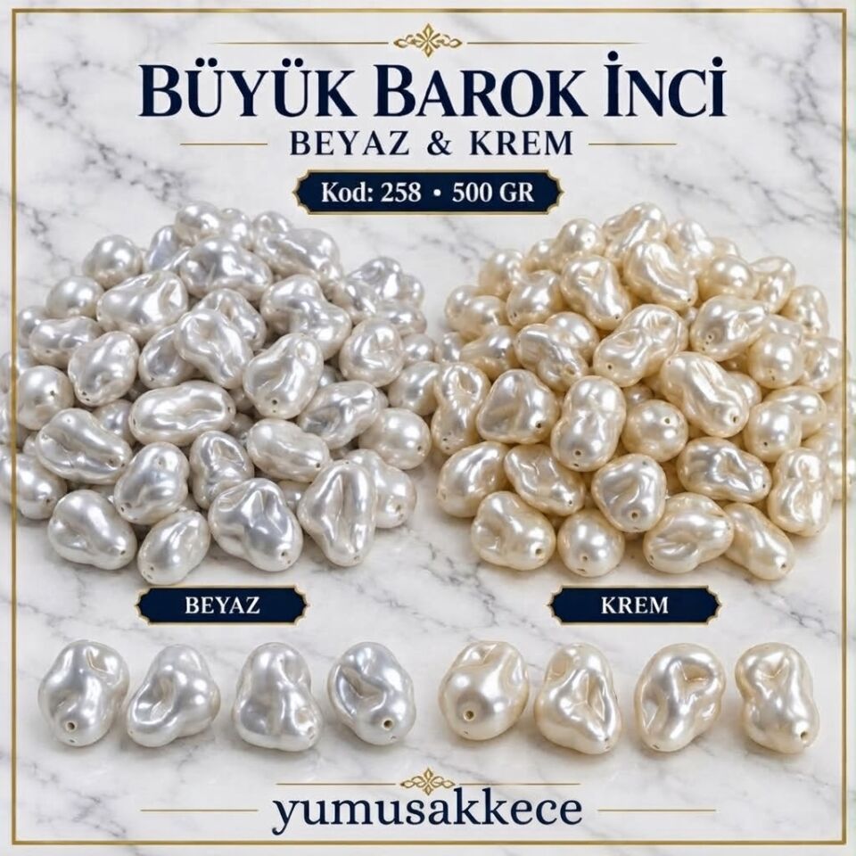 Büyük Barok İnci Boncuk – Beyaz & Krem Renk (500 gr Paket)