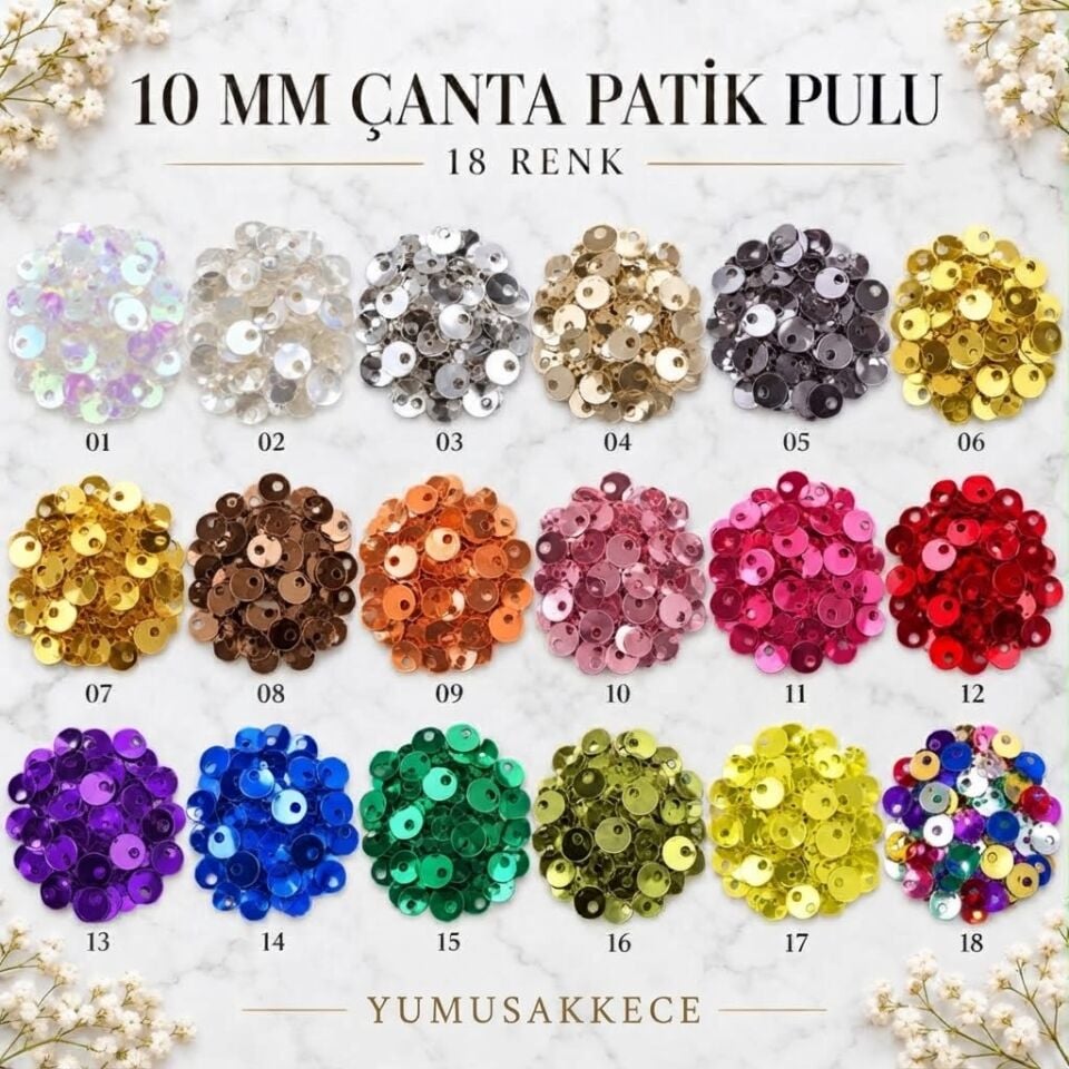 10 mm Çanta ve Patik Pulu – 18 Farklı Renk Seçeneği 500gr (Hobi & Süsleme Pulu)